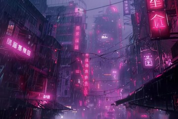 A cyberpunk cityscape, where buildings are outlined in neon lights and streets are filled with the haze of neon dust