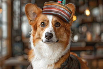 Portrait of cute Welsh corgi dog in small sombrero hat. International corgi day. Close up.