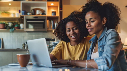 Naklejka premium Latin lesbian couple working and using laptop together at home in Mexico, Hispanic homosexual people from lgbt community in Latin America Stock Photo photography
