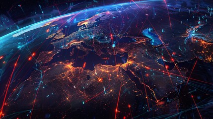 Map of the world on planet Earth at night with glowing lights. Global network connections.