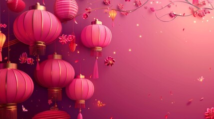 With beautiful hanging lanterns in fuchsia and copy space for greetings, this banner presents the lunar year in a paper art style - obrazy, fototapety, plakaty