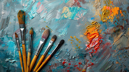 A knolling composition of a painter's brushes and paints on a canvas.