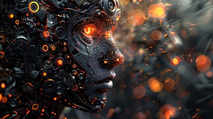 Cyborg head with glowing eyes. Artificial intelligence concept. 3D Rendering. - obrazy, fototapety, plakaty