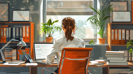 Illustration of a woman at a desk in the office and with many documents