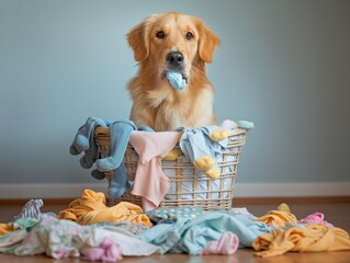 A dog is in a basket full of clothes, including socks and a shirt. The dog is holding a blue toy in its mouth. The scene is playful and lighthearted