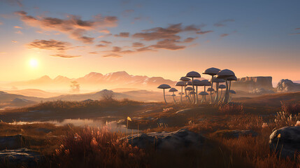 A panoramic view of agaricus mushrooms on a grassy plain, with wild horses running in the background at sunrise.