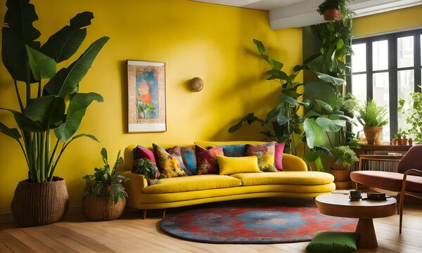  A vibrant yellow banana-shaped couch sits in a coz (2).jpg