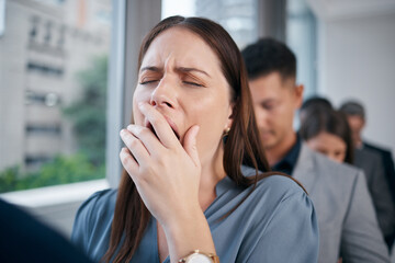 Woman, tired and yawn in waiting room line for business interview, job application or hiring...