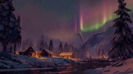 Photorealistic Golden Northern Lights: UHD View of Snowy Village and Landscape