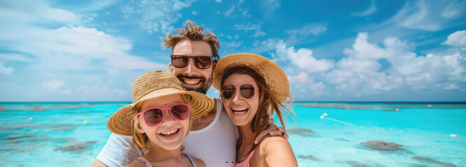 A family of three taking a selfie on the beach, with a blue sky and white sand in the background. The father wears sunglasses and a straw hat while smiling at the camera