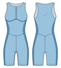 Sports Bodysuit technical fashion illustration. One Piece Swimsuit fashion flat technical drawing template, zipper, slim fit, front and back view, blue, women Sportswear CAD mockup.