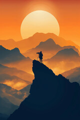 Silhouetted photographer capturing sunrise from mountain peak, embodying passion for adventure and nature photography in a breathtaking landscape - AI generated