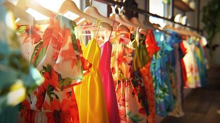 Vibrant summer dresses swaying gently on hangers, catching the light in a sunlit corner of a chic...