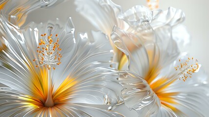 Digital Flower: Hibiscus Flowers in Light Yellow and Silver Style on White