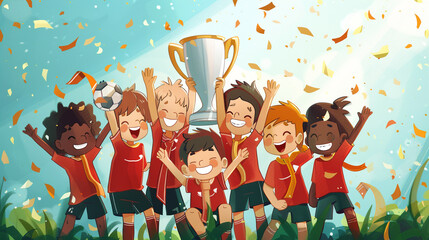 children kids tournament sport team winning championship football soccer celebrating Trophy holding players young achievement sports boys boy Cup champion youth League succeed game