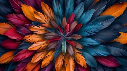 A mandala formed by the delicate arrangement of feathers, showcasing the beauty and variety of colors in nature