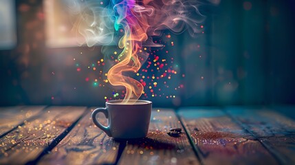 Coffee Cup: Rustic Table with Rising Steam and Colorful Spirals