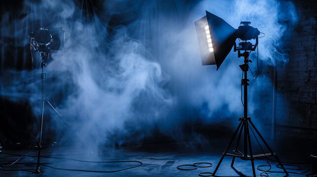  cinematography maker video photography set tools electric room dark smoke lights led blurred silhouette film production background using spotlight audio director lamp cinema motion picture