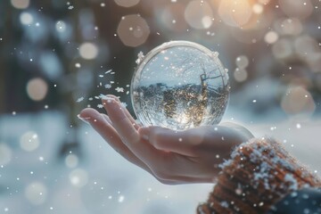 A hand holding a crystal ball against a wintry landscape, with the magic of the first snowflakes falling in perfect focus around it