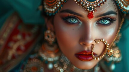 Woman wearing traditional jewellery on her face. She looks elegant and confident as she poses for the camera. Her face is captivating, with expressive eyes