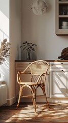 A mockup featuring a cute and cozy rattan dark brown chair with kitchen interior. Set against a white wall background, this side angle shot adds charm to your living space