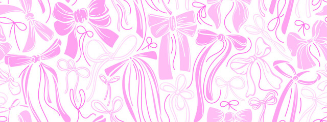 Fototapeta premium Pink bow seamless pattern. Vector sketch ribbons