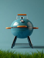 3d icon of a blue kettle bbq, flat icon style with blue pastel tones, summer time, bbq, backyard, barbecue, bar-b-q.