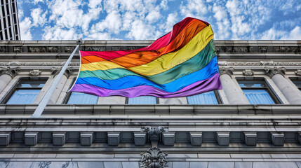 Lesbian, gay, bisexual, and transgender pride flag flying outside a government building Stock Photo photography