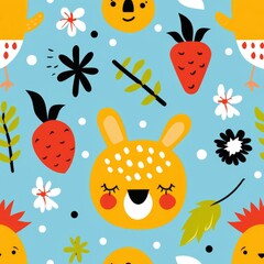 Colorful Children's Pattern with Cute Cartoon Animals and Plants