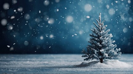 Beautiful christmas decoration on a blue background, christmas tree in snow