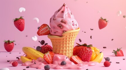 Illustration of strawberry ice cream cone with chocolate cookie and fresh fruit