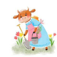 Cute cow character as a vintage gardener is holding a bucket, planting a tree. Spring garden work children hand drawn illustration on a transparent background.

