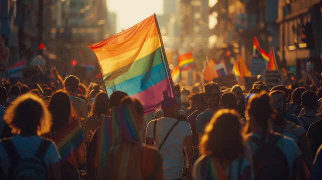 Lots of people hold protest banner. Many girls riot. Angry crowd walk gay pride. Csd day fest. No stop against homophobia law protest. Lgbt love parade city street. Lgbtq rights rally. Queer culture. 