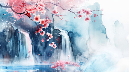 A watercolor painting of a waterfall with pink cherry blossoms in spring, serene background