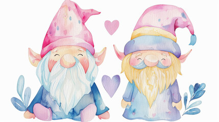 Fototapeta premium Cute gnomes couple, surrounded by heart, gnome in love, lgbtq concept.