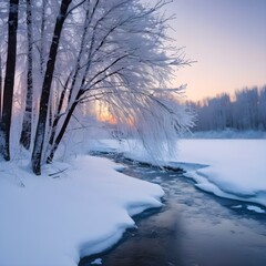 Russian Winter Magic: Panoramic Twilight over the Frozen River and Forest