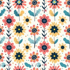 Vibrant Floral Pattern with Red, Blue, and Yellow Blooms
