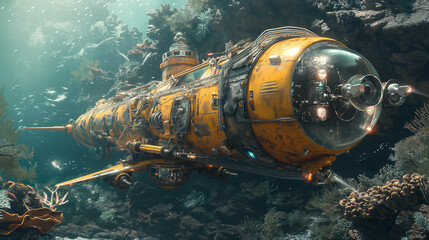 Image of an underwater robot exploring the ocean floor. Ready to deal with extreme pressure and darkness., Ecosystem