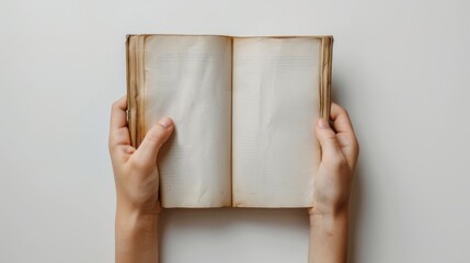 hands holding blank book, blank paper.