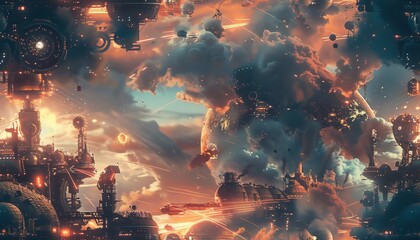 Craft a digital masterpiece depicting a surreal factory where mechanic behemoths toil under a fiery sky