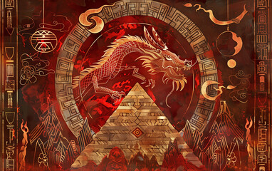 Celestial Majesty:Red Mayan Dragon's Revelation,ancient civilization with mountain,flame,sea,sun