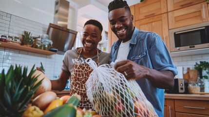 Low angle view of cheerful african american gay couple removing groceries from mesh bag in kitchen Stock Photo photography - Powered by Adobe