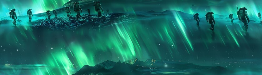 Craft a visually striking image showcasing a group of robotic dancers in a meticulous choreography beneath the wondrous spectacle of the Northern Lights