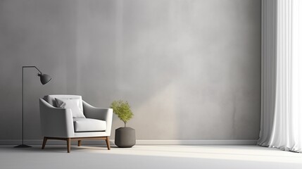 Living room interior mockup with carpet, white chair, and curtain. Blank gray concrete wall.