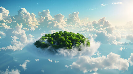 A floating island with a cloud and a city in the background
