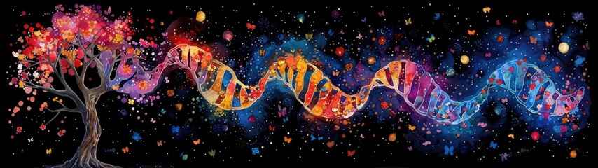 DNA structure illustrated with a combination of vibrant and dark colors, emphasizing its complexity in a visually striking manner
