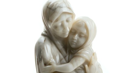 Marble Sculpture: Mother Holding Baby Girl, Perfect, White Background
