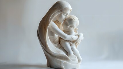 Motherly Love: Marble Sculpture of Mother and Baby, Flawless, White Background