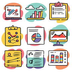 Collection colorful data charts graphs presentation set analysis statistics infographic elements. Handdrawn style analytics pie chart bar chart clipboard line graph computer monitor report documents