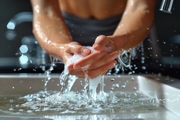 Fototapeta premium Person washing hands with soap and water with dynamic splashes around the sink area